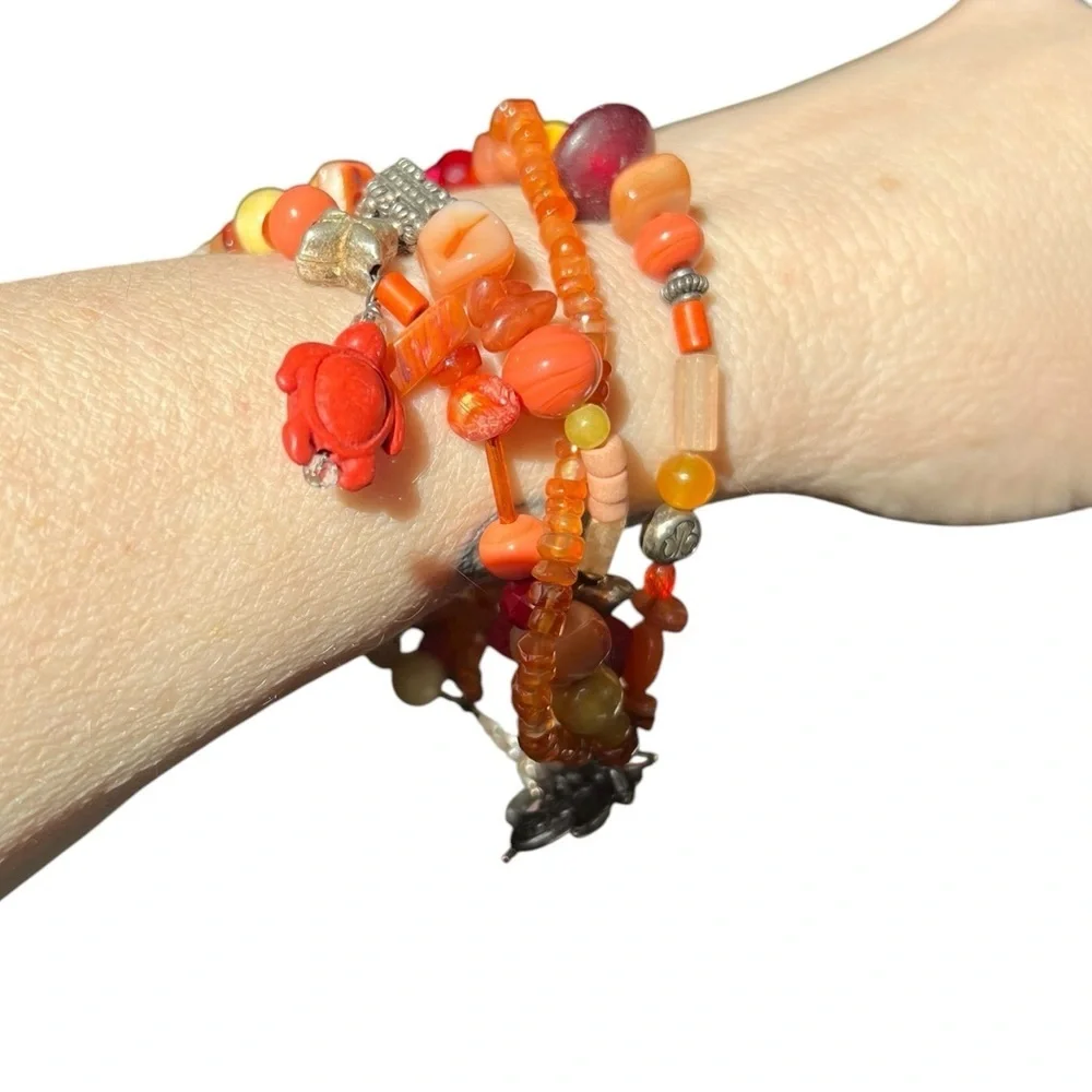 Vibrant Orange Red Yellow Beaded Multi-strand Bracelet